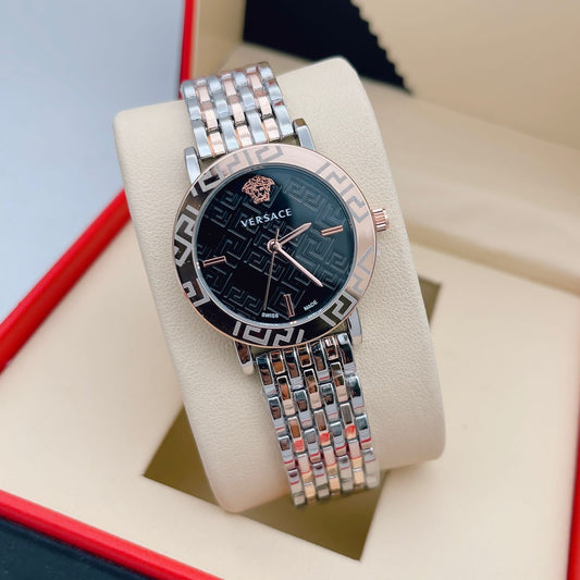 Branded Multi Color Strap New Stylish Women's Watch For Women And Girls Black Dial Stainless Steel Watch _VER-8086