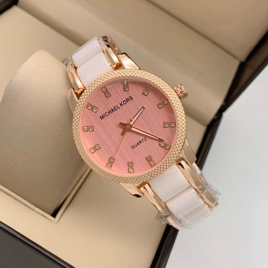 MK White Gold Strap Gold Tone Case Stainless Steel Analog Pink Dial Watch Women's Watch For Girl Or Woman Best Gift Watch-MK-8017