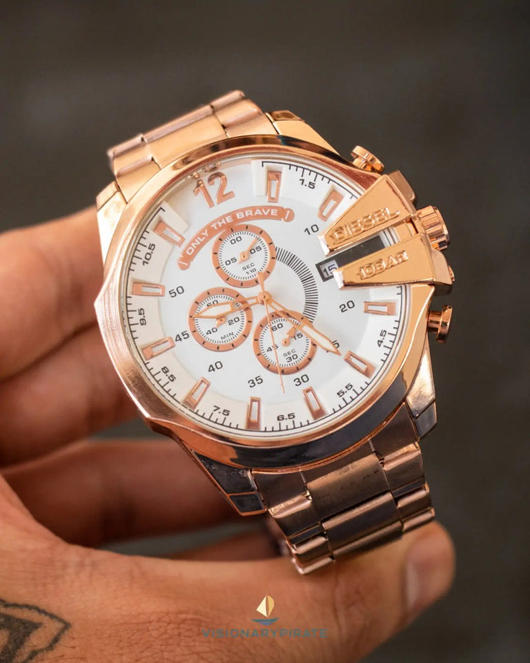 Diesel Mega Chief Chronograph Full Rose Gold White Dial Men's Watch For Man DZ-10064 Gift