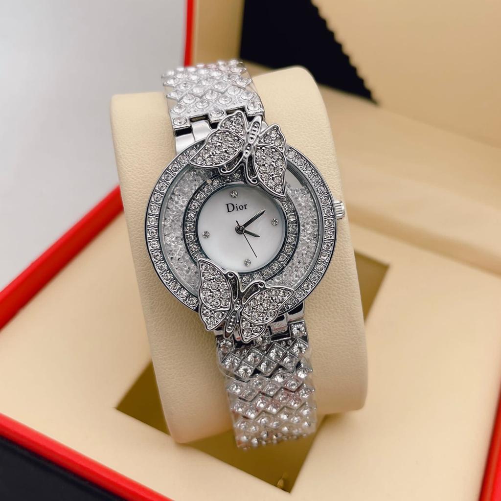 Designer Quartz Swiss made DR-9880 Watch With White Dial & Silver Diamand Cover Strap And Butterfly design Case Watch for Women and Girls Vintage Collection- Best Gift