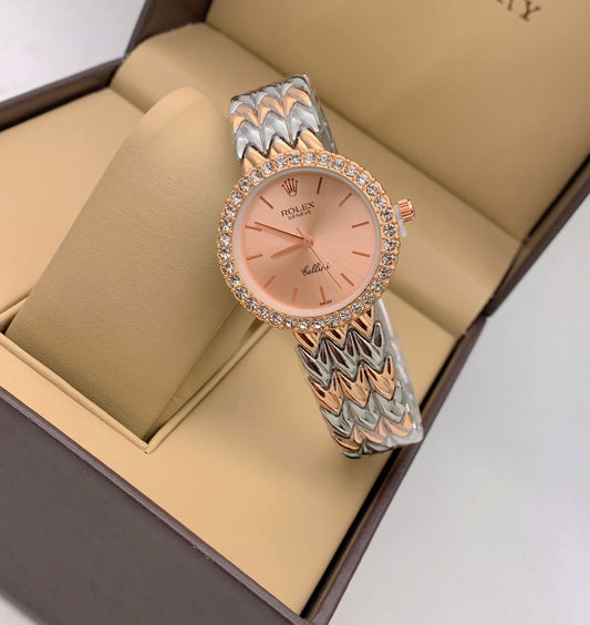 Cellini Qurtz Movement Rose Pink Dial Gold Dimond Case & Vintage Multicolor Braclet Watch Women Or Girls - Best Watch For Causal UseRLX-7195