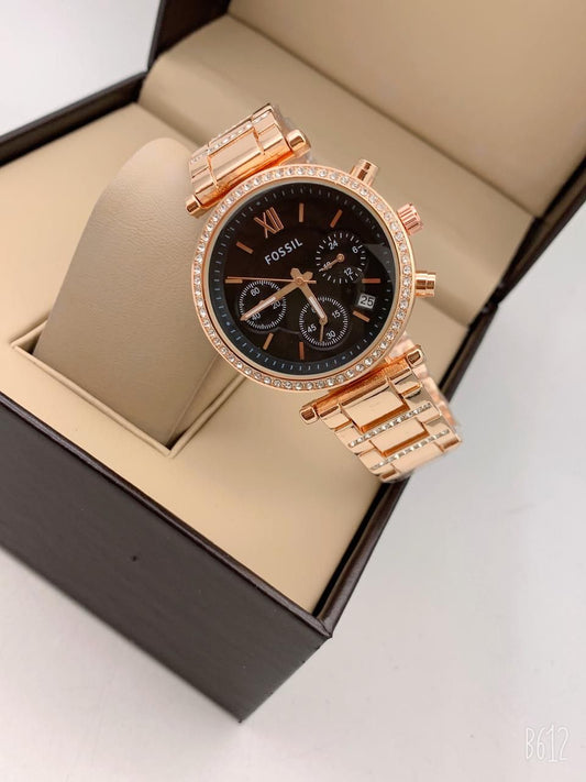 Chronograph Rose Gold Color Strap Watch for Girl or Women Black Dial ES-3687