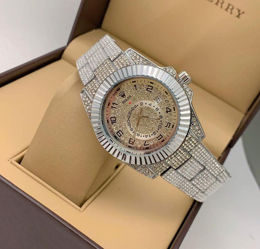 Rolex Analog Diamond Set Watch Royal Silver Color Diamond Stainless Steel With Silver Color Diamond Arabic Dial Dated Watch For Men's And Women's -Best For Stylist Look- RLX-8096