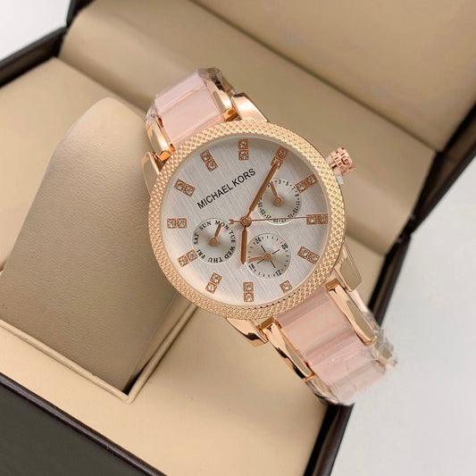 Pink Gold Strap Gold Tone Stainless Steel Chronograph White Dail Watch Women's Watch For Girl Or Woman Best Gift Watch-MK-8014