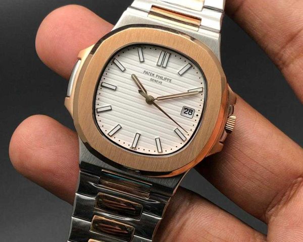 Patek Philippe Nautilus Mad Watch Quartz Movement White Dial Silver And Rosegold Strap Dated Watch For Men's-Best Men's Collection PP-7156