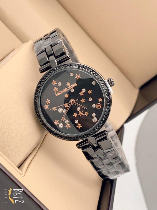 Black Metal Strap Women's Mk-3999 Watch For Girl Or Woman Black Dial Diamond Case Date Best Gift For Women