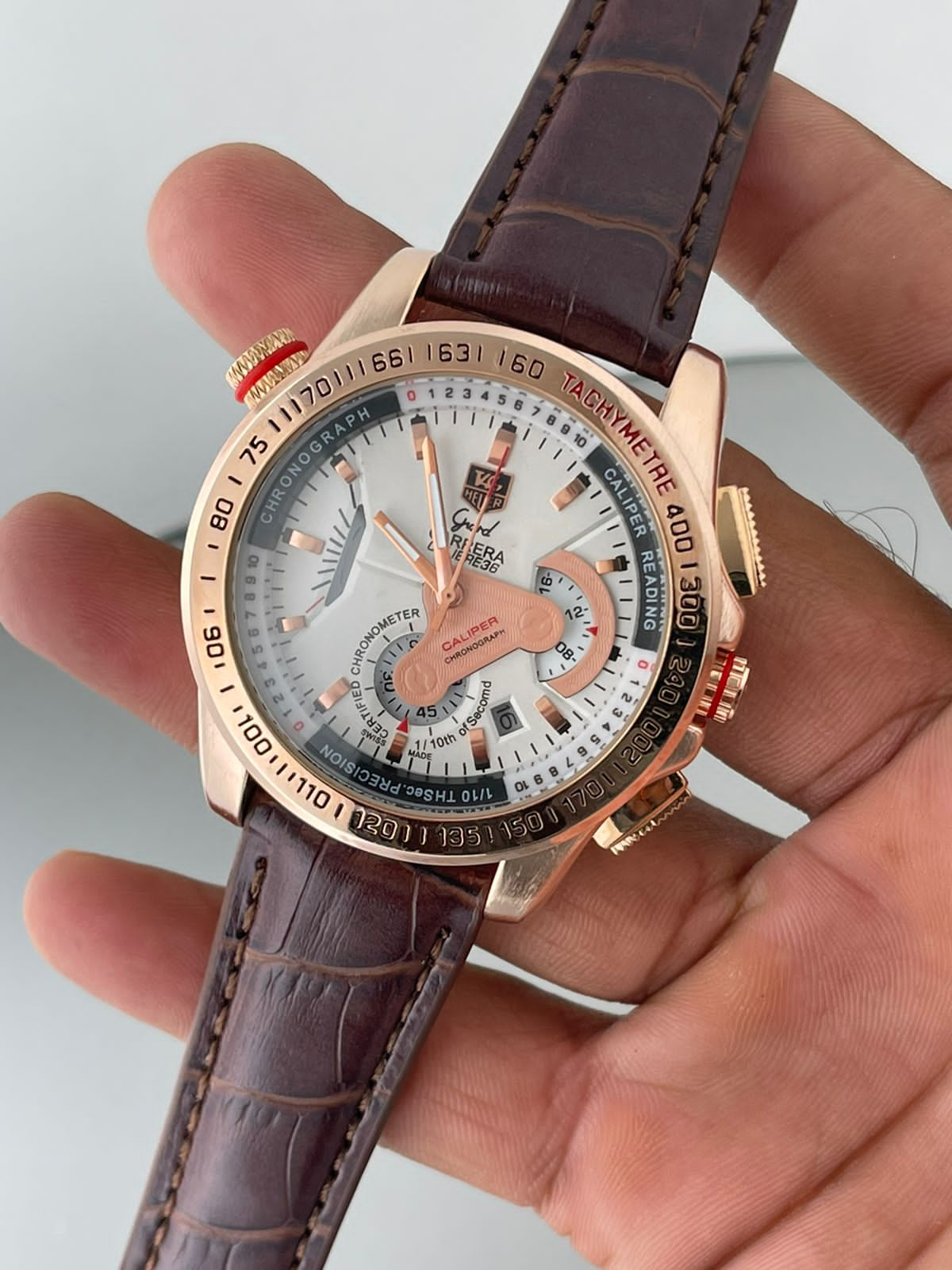 Tagheuer GRAND CARRERA Caliber 36 Racing Edition Quartz Watch White Chronograph and Brown Strap Dated Watch For Men's -TAG-IT-7879_Men's Wristwatch