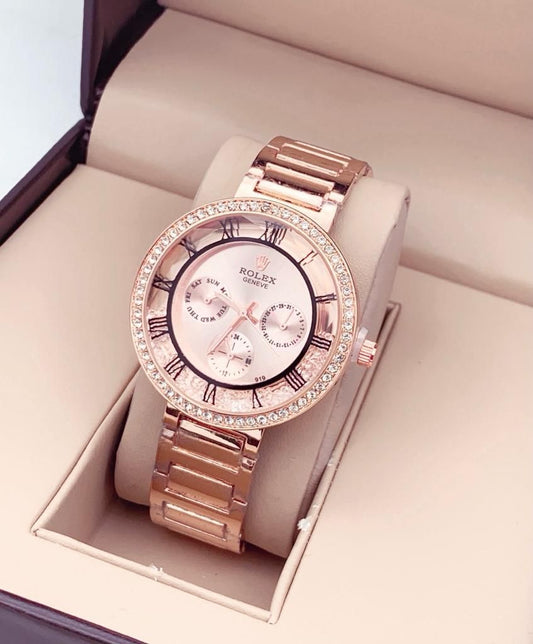 Chronograph Golden Colour Daytona Rose Gold Dial With Golden Strap & Stainless Steel women's Watch - Best Gift For Ladies -RLX-8896