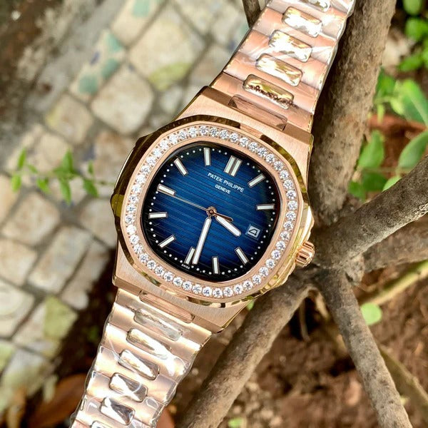 Patek Philippe Nautilus Diamond Bezel Blue Dial Rose Gold Strap Mad Watch Quartz Movement Dated Watch For Men's-Best Men's Collection PK-2133