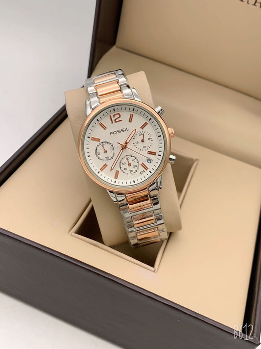 Analog Watch Chronograph White Dial Case With Rose Gold Color Case Watch Rose Gold Multicolor Stainless Steel Strap Watch For Girl Or Woman FS-8089 - Best Gift For Women