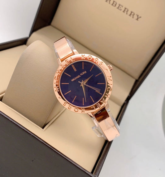 Quartz Womens MK-4624 (Bangle) Watch For Girl Or Woman Blue Dial Rose Gold Strap Watch- Best For Casual Use