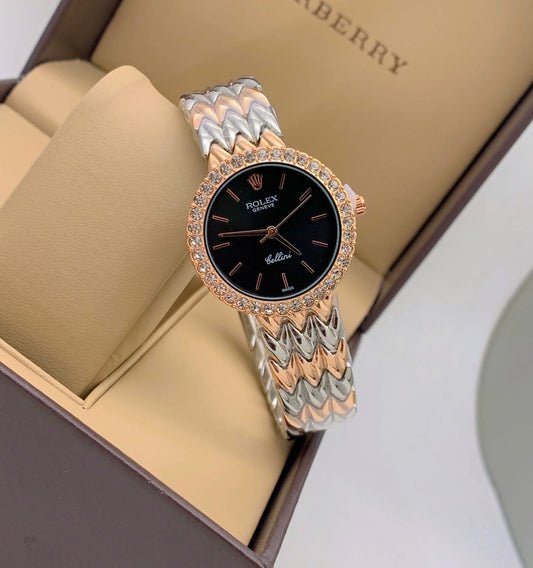 Cellini Qurtz Movement Black Dial Gold Dimond Case & Black Dial Vintage Multicolor Braclet Watch Women Or Girls - Best Watch For Causal Use RLX-7194