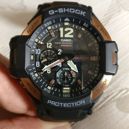 Casio G-Shock Analog Rose Gold RAVITYMASTER Twin Sensor World Time Digital Men Black Analogue and Digital watch With Metal Case Watch For Man Day And Date Gift Watch GA-1100RG-1ADR