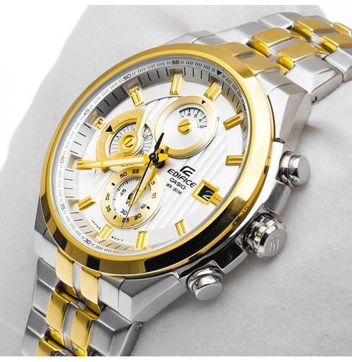 Casio Edifice Chronograph Men's Watch With Silver Gold Color & Stainless Steel Strap ED426