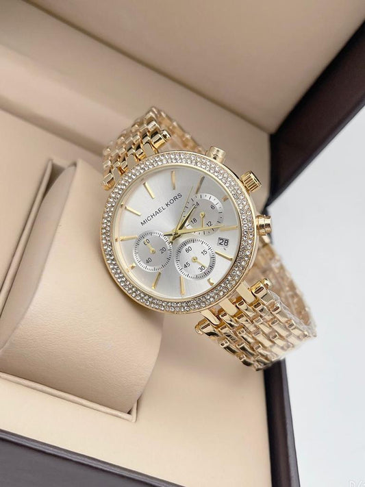 Chronograph Golden Strap Women's Watch for Girl or Women Silver Dial MK-9130