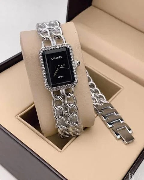 Silver Strap New Stylish Branded Women's Watch For Women And Girls Black Color Dial CH-6896 Best Gift