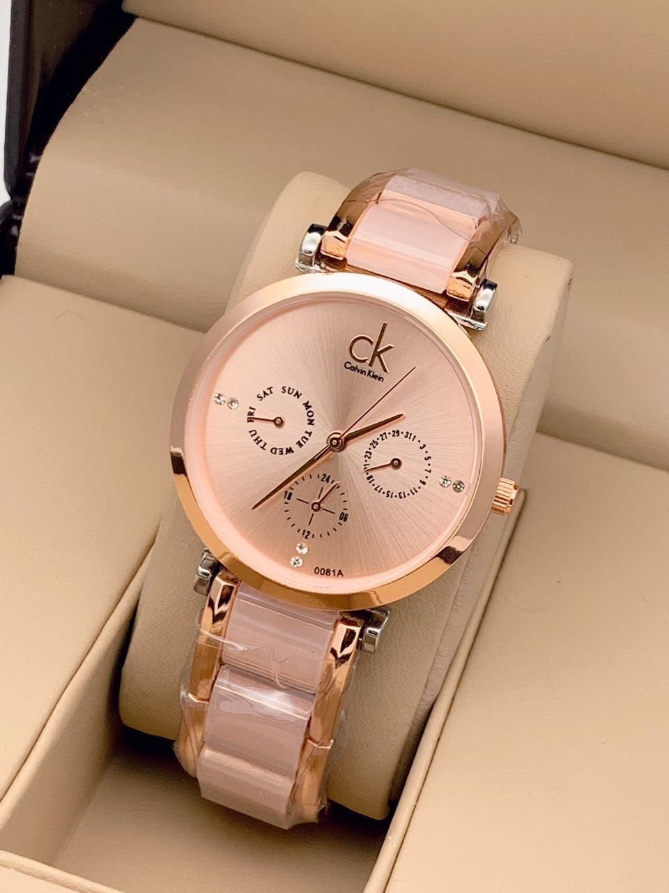 Chronograph Watch Pink And Gold Color Strap CK-7072 Gold Dial Gold Case Metal Strap Watch for Women;s or Girls - Gift