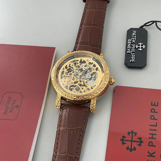 Patek Philippe Grand Complication Automatic Gold Color Dial Vision Brown Leather Transparent Dial Automatics Watch For Men's- Best Rich Look Watch PK-5511