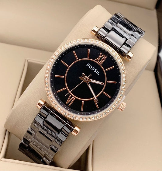 Brand Black Metal Strap Watch For Women's Or Girls Watch With Rose Gold Case With Black Dial Classic Look Watch For Girls Es-9017 - Best For All Look