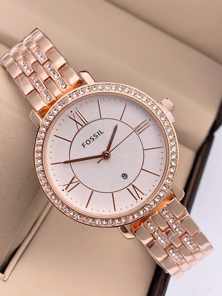 Rose Gold Strap Metal Diamond Strap Watch For Women's ES-5776 Design White Dial For Girl Or Woman Best Gift Date Watch