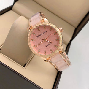 MK Pink Gold Strap Gold Tone Case Stainless Steel Analog Pink Dial Watch Women's Watch For Girl Or Woman Best Gift Watch-MK-8018