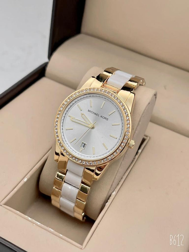 Gold Diamond Case Women's Watch for Girl or Woman White Dial MK-7482