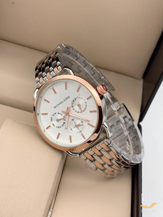 White Dial Women's MK-963 Watch For Girl Or Woman Chronograph Silver Rose Gold Strap Day Date