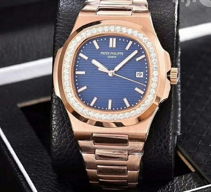 Patek Philippe Nautilus Diamond Bezel Blue Dial Rose Gold Strap Mad Watch Quartz Movement Dated Watch For Men's-Best Men's Collection PK-2133