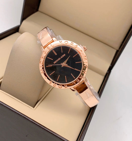 Quartz Womens MK-4625 (Bangle) Watch For Girl Or Woman Black Dial Rose Gold Strap Watch- Best For Casual Use