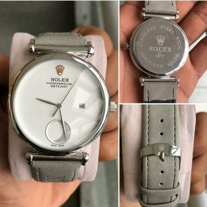 Analog Half Moon Perpetual Grey Leather Watch For Couple Rlx-Cpl-2134 White Dial Silver Case Best Gift Watch Ever