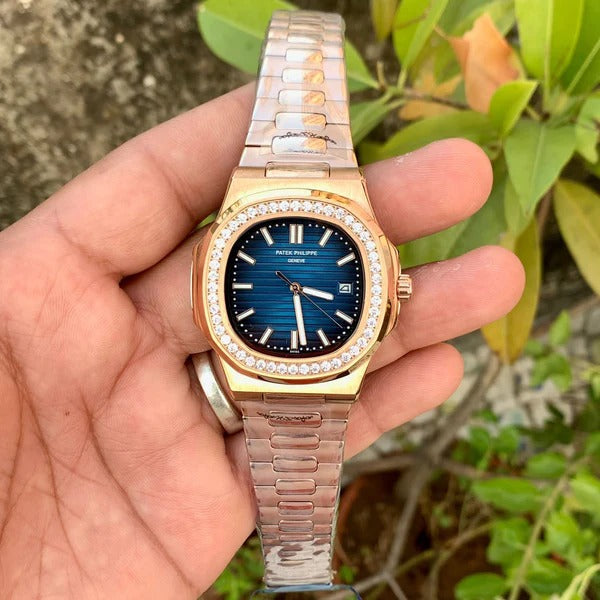 Patek Philippe Nautilus Diamond Bezel Blue Dial Rose Gold Strap Mad Watch Quartz Movement Dated Watch For Men's-Best Men's Collection PK-2133