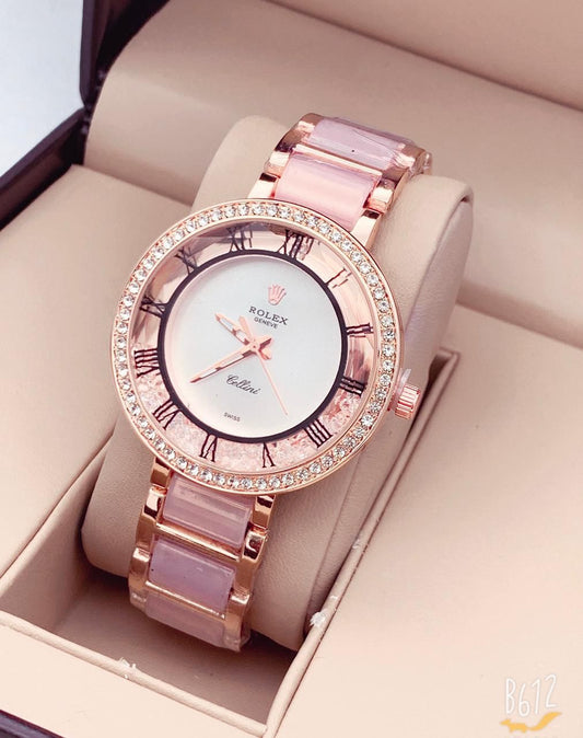 Rose Gold Stainless Steel White Strap Watch For Women and Girls With White Dial Gift Watch_RLX-7A