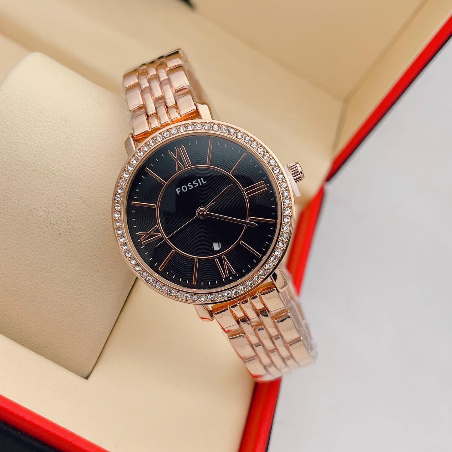 Rose Gold Metal Diamond Case&Strap Watch For Women's Es3548 Design For Girl Or Woman Black Dial Best Gift Date Watch