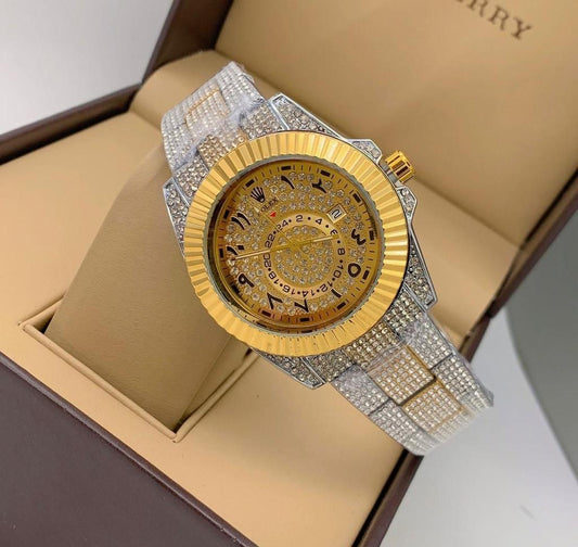 Rolex Analog Diamond Set Watch Royal Multicolor Strap Stainless Steel With Gold Color Diamond Arabic Dial Dated Watch For Men's And Women's -Best For Stylist Look- RLX-8097