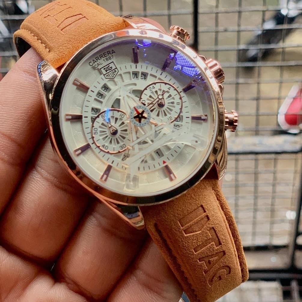 Tag Heuer Carrera Caliber Eiffel Tower Edition TAG-IT-99 Tan Color Leather Chronograph White Dial Leather Men s Watch For Man Gift
