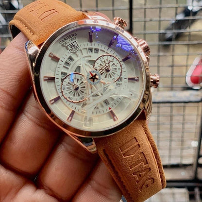Tag Heuer Carrera Caliber Eiffel Tower Edition TAG-IT-99 Tan Color Leather Chronograph White Dial Leather Men s Watch For Man Gift