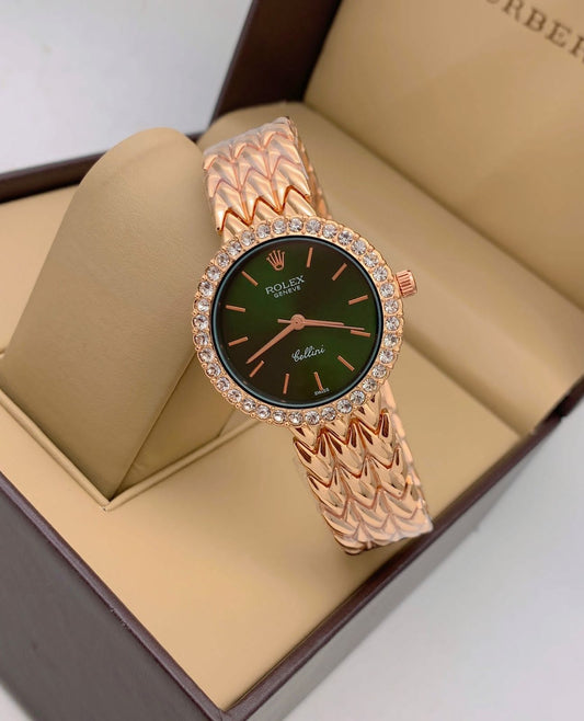 Cellini Qurtz Movement Green Dial Gold Rose Gold Dimond Case & Vintage Rose Gold Braclet Watch Women Or Girls - Best Watch For Causal Use RLX-9865