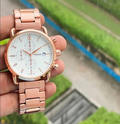 Fossil Analog Watch FS-5410-White Dial Stainless Steel Strap With Rose Gold Color Strap And White Dial Color Men;s Watch - Best Gift