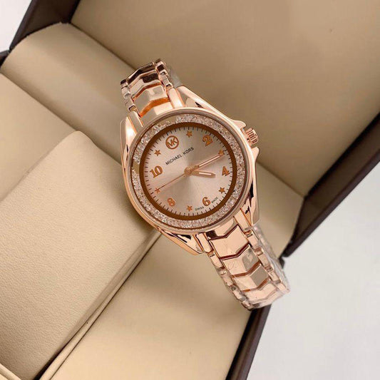 Analog Watch With Rose Gold Color Dial And Rose Gold Strap Watch For Women's Designer Strap Watch With Golen Dial For Girl Or Woman Best Gift Date Watch- MK-9012