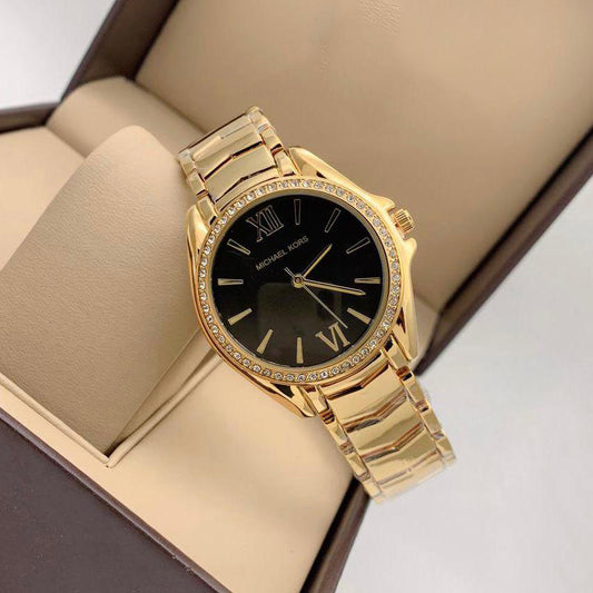 Premium Quality Swiss Watch With Gold Diamond Case & Black Color Dial Stainless steel Strap Watch For Women's Design For Girl Or Woman Best Gift Date Watch- MK-9076