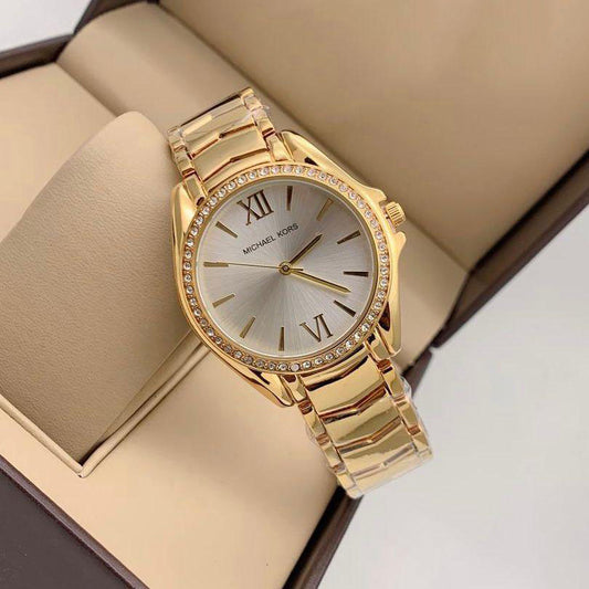 Premium Quality Swiss Watch With Gold Diamond Case & White Color Dial Stainless steel Strap Watch For Women's Design For Girl Or Woman Best Gift Date Watch- MK-9099