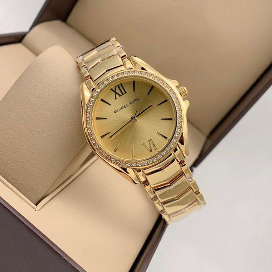 Premium Quality Swiss Watch With Gold Diamond Case & Golen Color Dial Stainless steel Strap Watch For Women's Design For Girl Or Woman Best Gift Date Watch- MK-9075