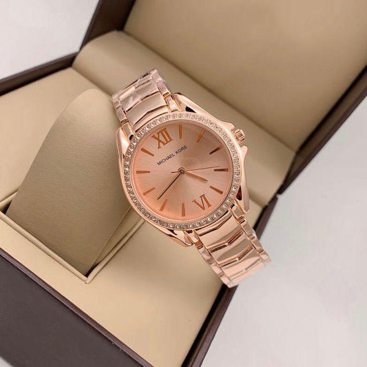 Premium Quality Swiss Watch With Rose Gold Diamond Case & Rose Golden Color Dial Stainless steel Strap Watch For Women's Design For Girl Or Woman Best Gift Date Watch- MK-9077