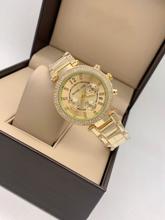 Chronogragh watch With Golden Color Metal Case & Gold And Gold Strap & Gold Dial Watch For Women's Design Golen Dial For Girl Or Woman Best Gift Date Watch- MK-9807