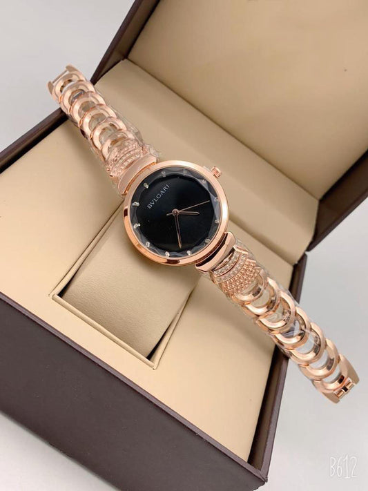 Branded Analog Watch With Golden Color Metal Case & White And Gold Strap And Black Dial Watch For Women's Design For Girl Or Woman Best Gift Date Watch- BV-77