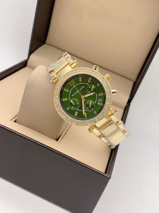 Chronogragh watch With Golden Color Metal Case & Gold And Gold Strap & Green Dial Watch For Women's Design Golen Dial For Girl Or Woman Best Gift Date Watch- MK-4519