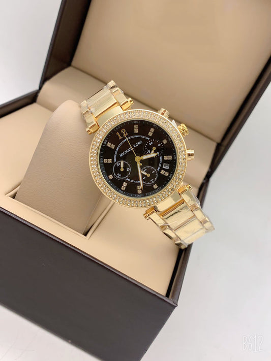 Chronogragh watch With Golden Color Metal Case & Gold And Gold Strap & Black Dial Watch For Women's Design Golen Dial For Girl Or Woman Best Gift Date Watch- MK-4520