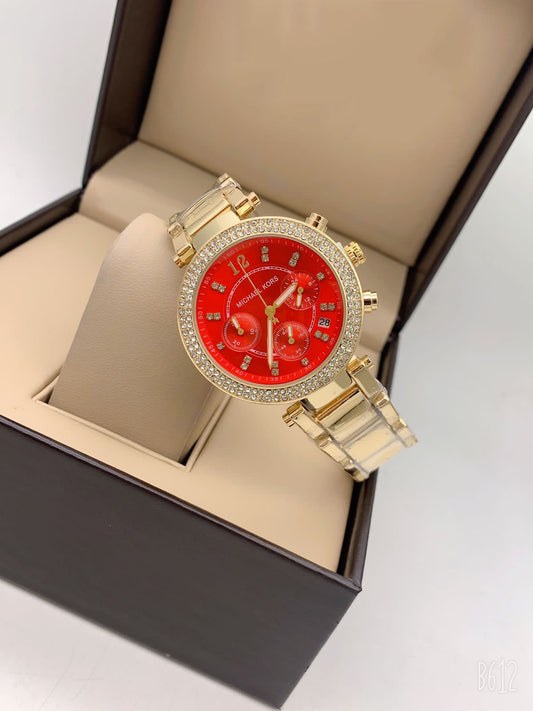 Chronogragh watch With Golden Color Metal Case & Gold And Gold Strap & Red Dial Watch For Women's Design Golen Dial For Girl Or Woman Best Gift Date Watch- MK-4521