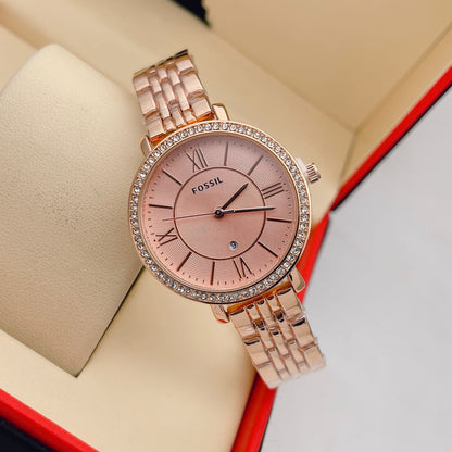 Rose Gold Metal Diamond Strap Watch For Women's ES3546 Design White Dial For Girl or Woman Best Gift Date Watch