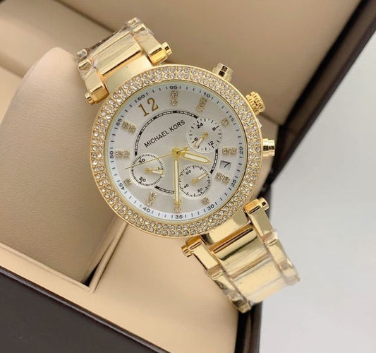 MK Chronogragh watch With Golden Color Metal Case & White And Gold Strap & White Dial Watch For Women's Design Golen Dial For Girl Or Woman Best Gift Date Watch- MK-9874